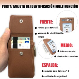 Porta gafete con Cordón de cuello desmontable Soporte para insignia con 1 ventana de identificación transparente, 4 ranuras para tarjetas, 1 bolsillo lateral, yoyo para gafete retráctil(Marrón)