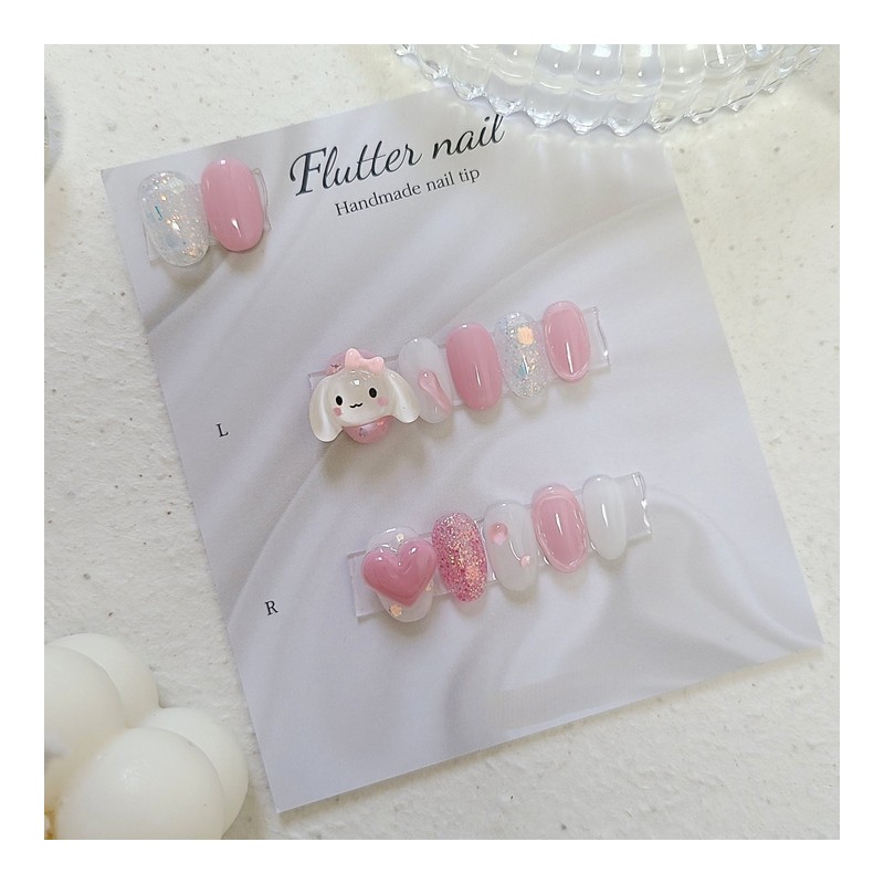 Pink rabbit heart handmade nail tip - Mediaval / 핑크