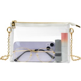 Enkrio Clear Purse Stadium Approved CrossBody Bag with Removable Straps and Zipper Clear Bag for Concert Sport Festival Work (Gold Chain Strap)