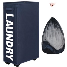 Maxsilan 29" Slim Rolling Laundry basket with Removable Bag on Wheels, 70L Collapsible Narrow Corner Laundry Hamper, Foldable Storage Bins, Dark Blue