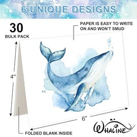 Whaline Paquete de 30 tarjetas de felicitación de acuarela del océano, tarjeta de papelería de medusa de tortuga, ballena, con sobres, calcomanías de 