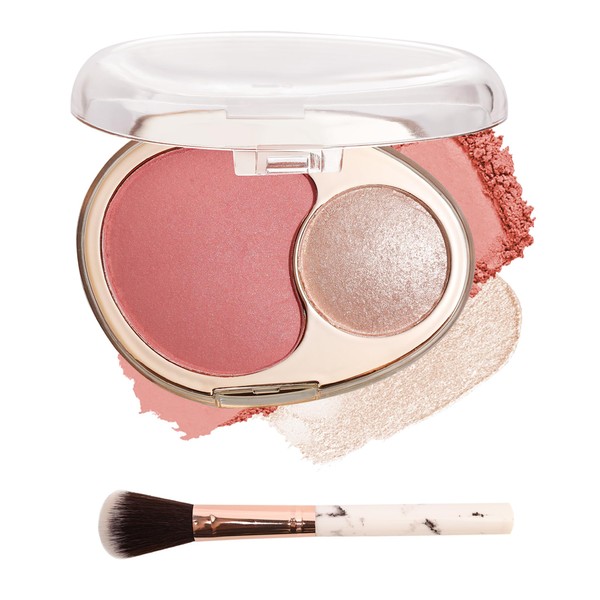 Blush and Highlighter Palette,2 in 1 Rose Pink Blusher Champagne