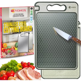 EVONOX Stainless Steel Cutting Boards For Kitchen Double Sided Lightweight Dishwasher Safe Easy to Clean Non Toxic Non Slip Edges Large Wheat Straw Chopping Board 14.5"x10"