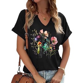 PUCKOLITY Vintage Flower V Neck Shirts Women Boho Floral Wildflowers T-Shirt Retro Wildflower Graphic T Shirts Summer Tee Tops(M,1 Black)