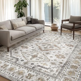 BEIMO Area Rugs 10x14 for Living Room Bedroom, Machine Washable Large Area Rug for Living Room, Print Vintage Tribal Aesthetic Carpet, Low Pile Mat with Non Slip Rubber Backing, Distressed Greyish