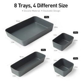 ISSEVE 8Pcs Nesting Silicone Drawer Organizer Set, 4 Size Versatile Vanity Bathroom Drawer Organizer Trays Divider, Desk Drawer Organizer Storage Bins for Office, Kitchen, Bedroom and Dorm (Black)