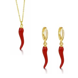 Dreuyet Italian Horn Hoop Earrings and Necklace for Women Dainty Enamel Red Chili Pepper Shaped Horn Pendant Chain Necklace Talisman Protection Jewelry Lucky Amulet Cornicello Charm Necklaces (Gold)
