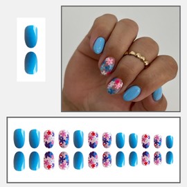 Blue Press On Nails Almond Short Fake Nails Full Cover False Nails With Flower Designs Acrylic Nails Press Ons Artificial Glossy Glue On Nails Short Reuseable Stick On Nails For Women