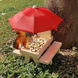 Zjyufy Outdoor Squirrel Feeder, Garden Squirrel Feeder Picnic Table, Wooden Squirrel Feeder Bench with Umbrella Snack Tray Holder for Nuts Peanut Corncobs