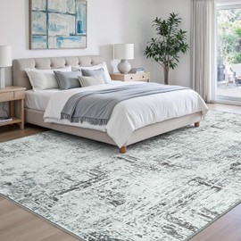 9x12 Area Rug for Living Room, Washable Modern Abstract Rugs, Soft Low-Pile Neutral Farmhouse Carpet, Non-Slip Stain-Resistant for Bedroom Dining Room Kitchen Home Office, Blue/Grey