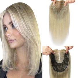 HappyNewHair Hair Toppers for Women Real Human Hair, 360° Cover Toppers for Women with Thinning 65g 14inch Hairpieces Light Brown To Platinum Blonde 6x7inch Large Base (#8T60Toppers-14inch)