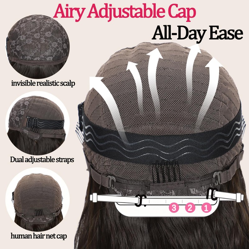 Fusenp Dark Brown Layered Wavy Synthetic Wig with Curtain Bangs