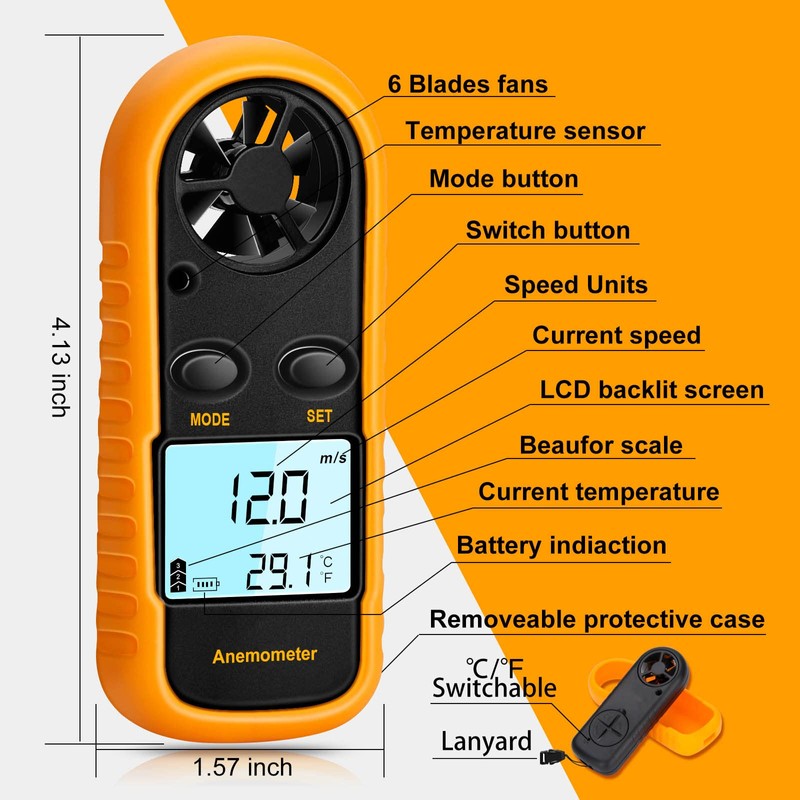 Anemometer Handheld, Light Weight Digital Wind Speed Meter, Wind Speed