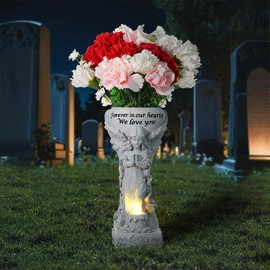 Lewondr Solar Cemetery Vase for Grave, Grave Flowers Holder for Headstone Tomb Decoration, Praying Angel Garden Stake Sculpture with Solar Candle Light, Memorial Sympathy Gift, No Ground Spike, Grey