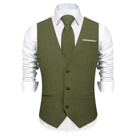 DiBanGu Mens Linen Suit Vest Casual Waistcoat and Necktie & Pre-tied Bowtie Set 6PCS Solid Color Dress Vest for Wedding Party, Olive Green, X-Large