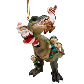 Santa and Elves Saving Reindeer from T-Rex Dinosaur Christmas Tree Funny Ornament