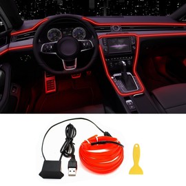EL Wire Interior Car LED Strip Lights, USB Neon Glowing Strobing Electroluminescent Wire Lights with 6mm Sewing Edge, Ambient Lighting Kits for Cars Garden Decorations (5M/16.5FT, Red)