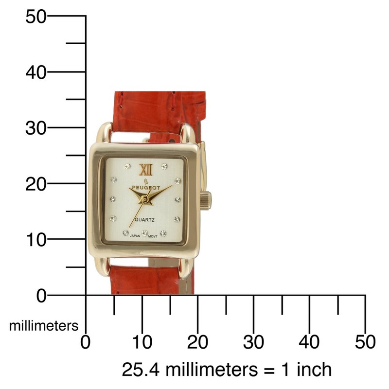 Peugeot Ladies Mini Square Crystal Gold-Tone Dial Blood Orange Red