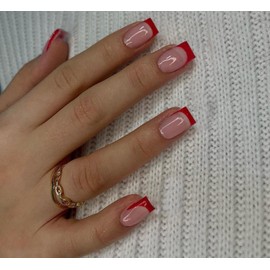 KQueenest 30 Pcs Christmas Red French Tip Press on Nails Short Square Nails Press ons, Natural Nude Fake Nails Acrylic, Classic Glue on Nails Short Coffin, Gel French Nails for Women Daily Wear