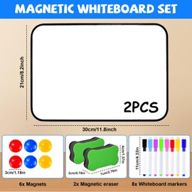 WEFHEF Pack of 2 Wipeable Whiteboard Magnetic Wall Small Whiteboards Magnetic Double-Sided Magnetic Board Dry Erase White Board A4 Format 30 x 21 cm with 8 Dry Erase Pens + 2 Sponges + 6 Magnets