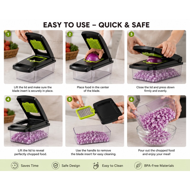 16-in-1 Vegetable Chopper with 8 Stainless Steel Blades, Food Container,
