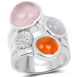 Bonyak Jewelry Genuine Round Rose Quartz, Carnelian and Moonstone Ring in Sterling Silver - Size 8.00