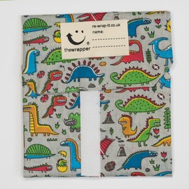 the Wrapper, Re Wrap It Sandwich Bags, Dinosaurs On Grey, No Waste Packaging, Eco Friendly, Reusable Food Wraps. Made In Scotland.