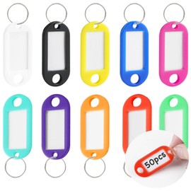 LOKIPA 50 PCS Key Tags with Labels, 10 Colors Plastic Key Tags with Rings Key Chain Label for Name, Luggage, Bags, Backpack, and Office Key Labels, Writable Paper Card Stick Tags