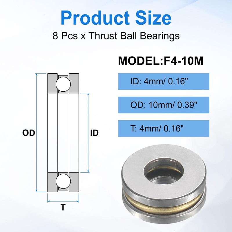 sourcing map 8pcs F4-10M Thrust Ball Bearings, 4mm x 10mm