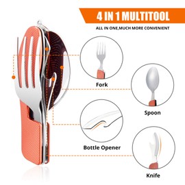 Camping Utensils 2 Pack,HIKENTURE 4-in-1 Stainless Steel Spoon, Fork, Knife, and Bottle Opener Combo - Lightweight and Portable Travel Eating Silverware for Hiking, Backpacking, and Picnic (Red 2pack)