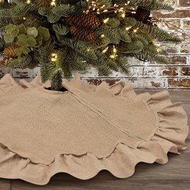 Sofevaim Christmas Tree Skirt with Ruffled Border, 30 inch Small Fall Linen Burlap Tree Skirt for Christmas Tree Decorations Fall Xmas Boho Rustic Farmhouse Tree Ornaments