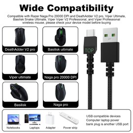 Tobysome Micro USB Wireless Mouse Charging Cable Cord, Compatible with Razer Deathadder V2 Pro/Naga Pro/Basilisk/Basilisk/Viper Ultimate Gaming Mouse, 5.9ft (Black)