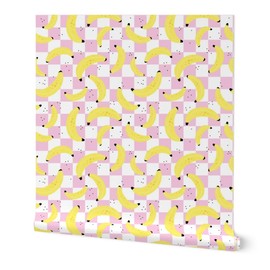 Removable Wallpaper 9ft x 2ft - Checkerboard Plaid Retro Fruit Nineties Summer Banana Fun Whimsical Pink Quirky Custom Pre-Pasted Wallpaper by Spoonflower