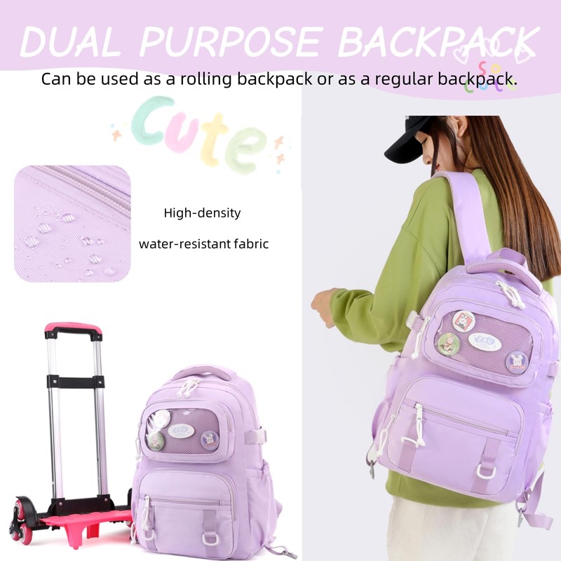 LANSHIYA Girls Rolling Backpack Elementary School Bag with Wheels, Trolley