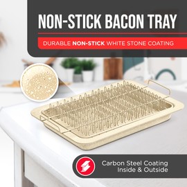 Bacon Tray - 2-Piece Set – Marble Coating - Durable, Non-Stick Cooking Tray for Bacon – White Stone Tray and Carbon Steel Rack