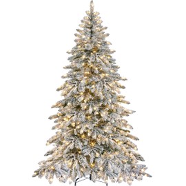 Yaheetech 6ft Pre-Lit Artificial Christmas Tree with 400 Warm White LED Lights & 940 PVC Tips,Hinged Snow Flocked Xmas Tree with Foldable Stand & Protective Sheet,Green