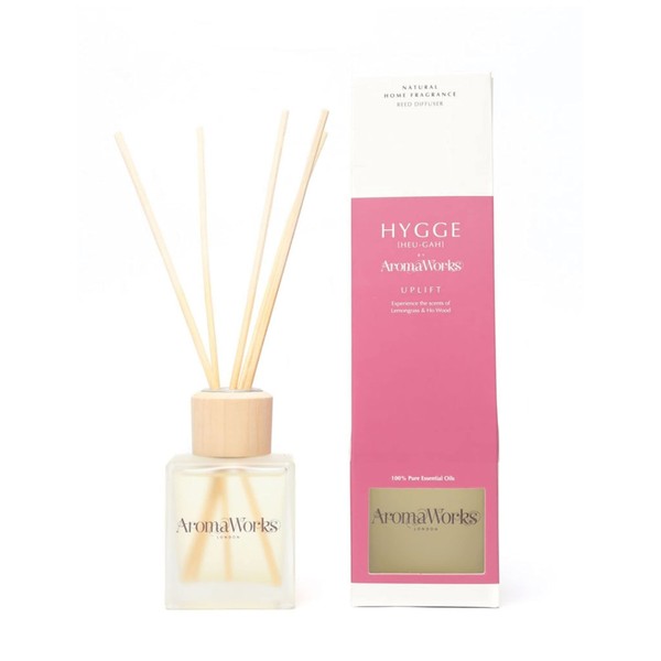 AromaWorks Hygge Uplift Reed Diffuser | Rejuvenating Blend of Lemongrass & Ho Wood Scents | Made with 100% Pure Essential Oils | Handmade in The United Kingdom | Great Aromatherapy Gift |100 ml