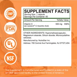 HUJ Vitamin C 500mg, Immune and Antioxidant Support, 60 Capsules