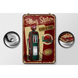 Femer Tin Sign with Retro Gasoline Filling Station Gas 24/7 Decorative Sign 12 x 18 cm