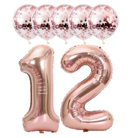 Rose Gold 12 Foil Balloons 40" Jumbo Foil Balloons Confetti Balloons for 12th Birthday Wedding Anniversary Party Decorations