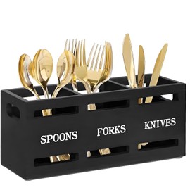 QRZLP Wooden Silverware Holder, Wooden Utensils Caddy with 3 Compartment Utensil Crock Flatware Organizers for Countertop Kitchen Utensil Organizers for Forks, Spoons, and Knives.