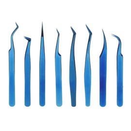8pcs Eyelash Tweezers Stainless Steel Fine Tip Ergonomic Blue Titanium Eyelash Extension Tweezers Set for Professional