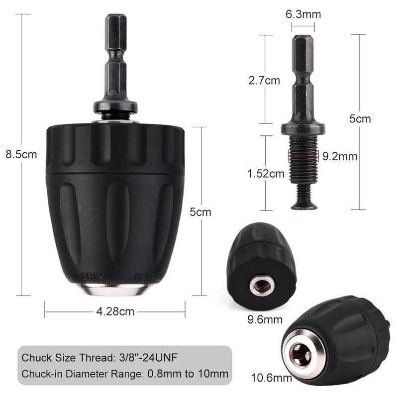 3/8 inch - 24UNF 0.8-10 mm keyless chuck with 1/4