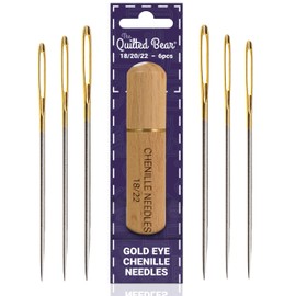 The Quilted Bear Gold Eye Chenille Needles Size 18/20/22-6 Chenille Needles with Large Eye and Sharp Tip in a High Quality Engraved Wooden Case for Embroidery and Hand Sewing (Size 18/20/22)