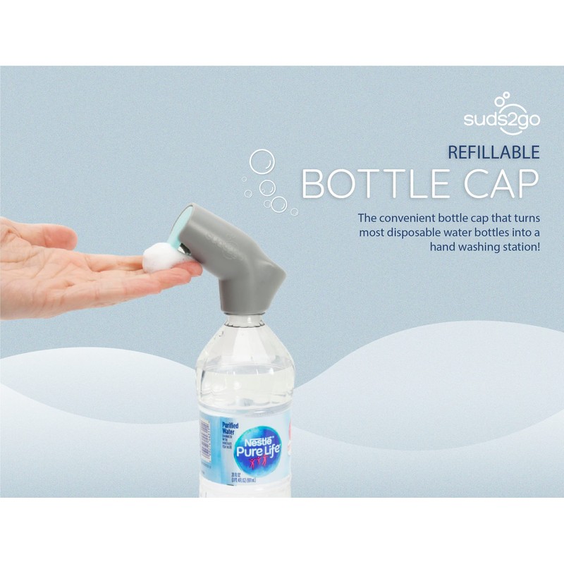 Suds2go Water Bottle Wash Refillable Caps 2-Pack, Portable Hand Washing