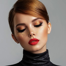 OIIKI 6 Sheets Glitter Face Makeup Stickers, Gold Freckles Face Tattoo for Women, Heart Star Moon Shape Waterproof Glitter Freckles Face Tattoo Stickers for Parties, Christmas