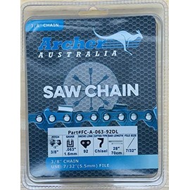 28" Archer Chainsaw Chain 3/8"-.063-92DL FULL CHISEL .063 Gauge 3/8" Pitch, .063 Gauge 92-drive links
