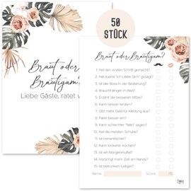 Things of Happiness Wedding Quiz Bride or Groom 50 Cards | Wedding Game for Guests | Game Wedding for Bride and Groom in Boho Design (Beige Palm Trees)