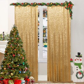 Juya Delight 2Pcs 2ftx8ft Gold Shimmer Sequin Backdrop Curtains - Gold Glitter Photo Backdrop for Wedding Birthday Parties Wall Decoration