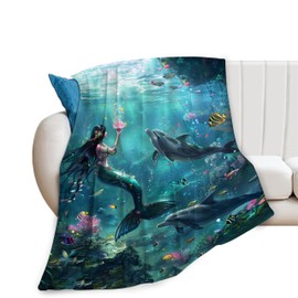 Mermaid Blanket Ocean Fleece Throw Blanket Super Soft Warm Cozy Fuzzy Plush Dolphin Blanket Gifts for Girls Boys Kids Room Decor 40"X50"